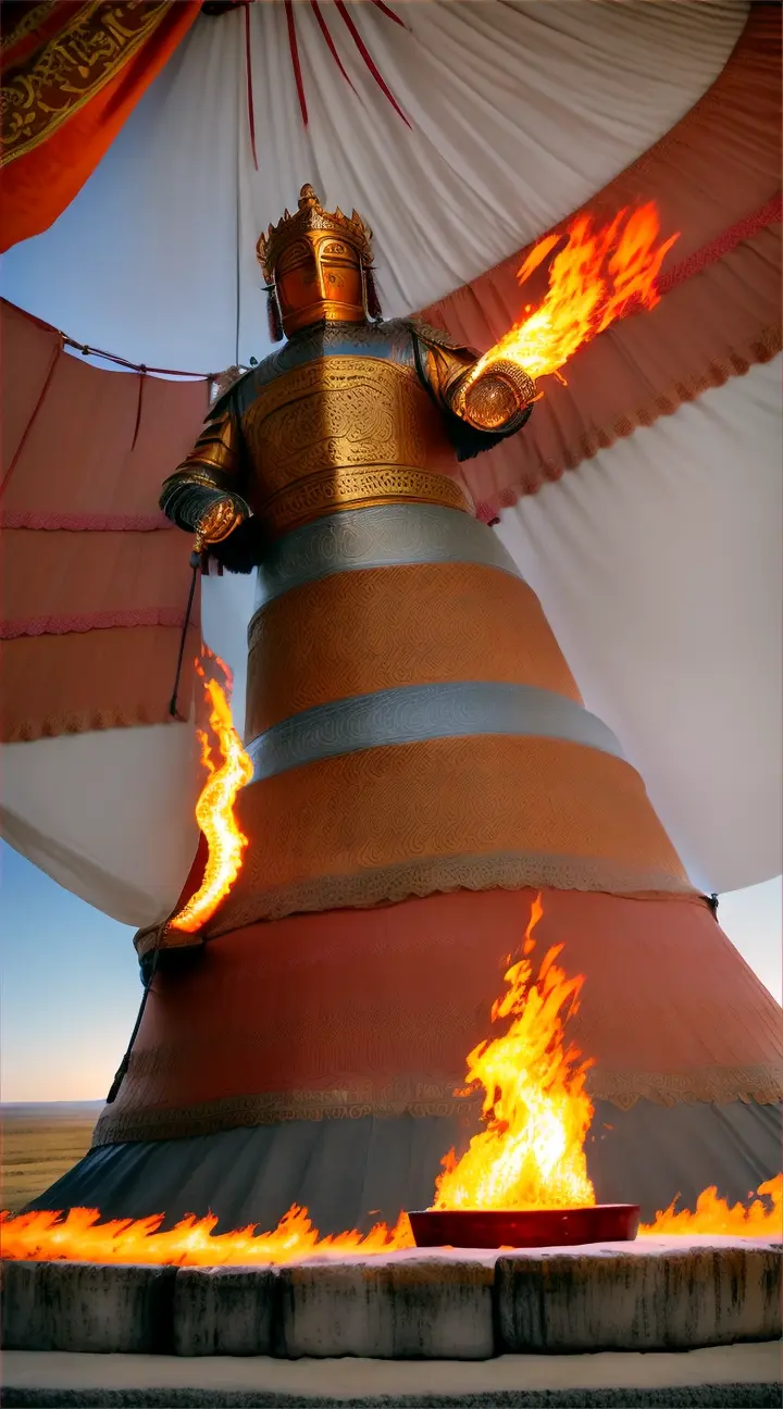  Ochirvaani-"Picture an Ochirvaani, a fiery protector deity, standing tall and resolute at the entrance of a Mongolian ger (yurt), the traditional nomadic home. He is clad in armor that seems forged from flames themselves, with a blazing sword raised high, casting light and warmth in a protective circle around the home. His steed, equally majestic and fierce, stands by his side, with flames for its mane and tail, ready to charge at any threat. The night sky above is alive with stars, but the area within the Ochirvaani's guard is bathed in a warm, comforting glow, symbolizing the safety and sanctity he provides. The background hints at the vast Mongolian landscape, serene and untouched, under the watchful eyes of this guardian deity."