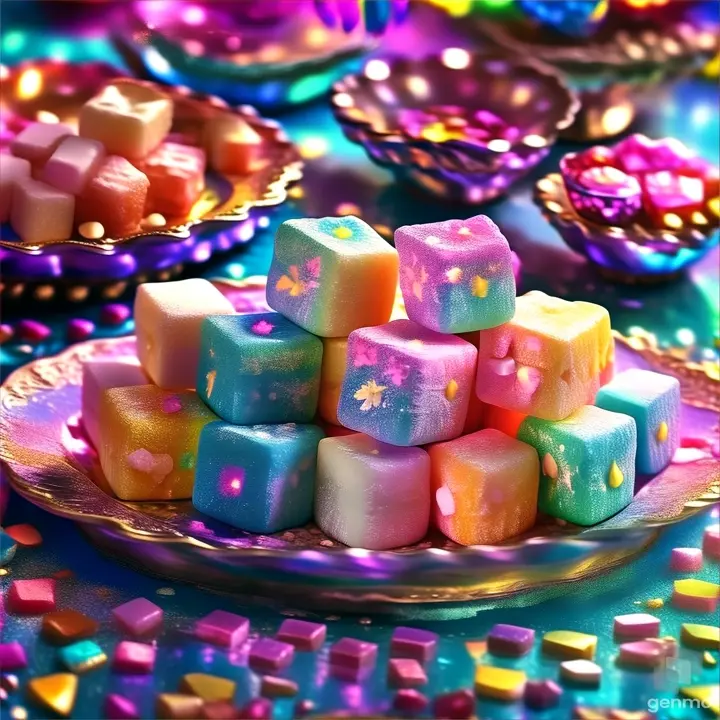 a plate full of colorful sugar cubes on a table