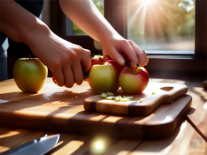 a kitchen scene where a person is slicing apples.