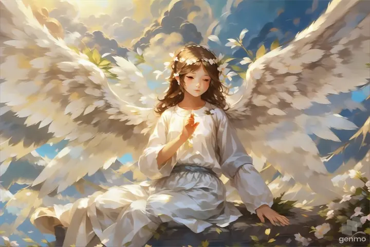 a painting of an angel sitting on a rock