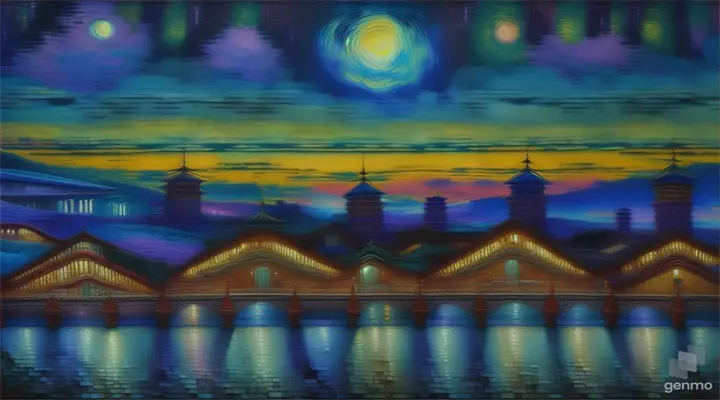 a painting of a city at night with a full moon