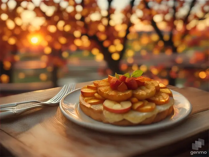 Warm, visually striking photo of an apple savory dish against the backdrop of a gorgeous autumn sunset