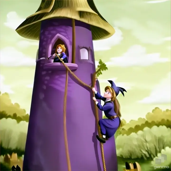 make an animated video of a witch climping to the tower using rapunzel's hair. show the backgroung of a forest.