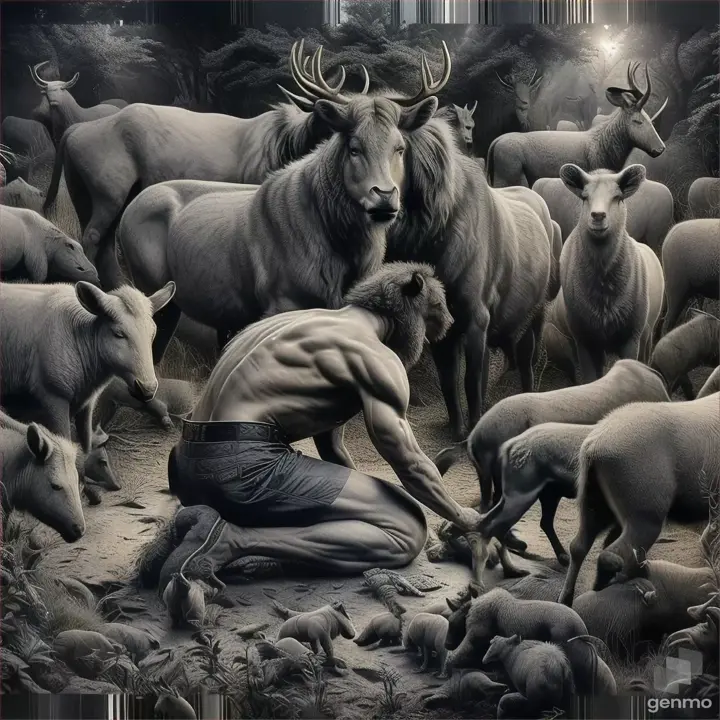 a man kneeling down in front of a herd of animals