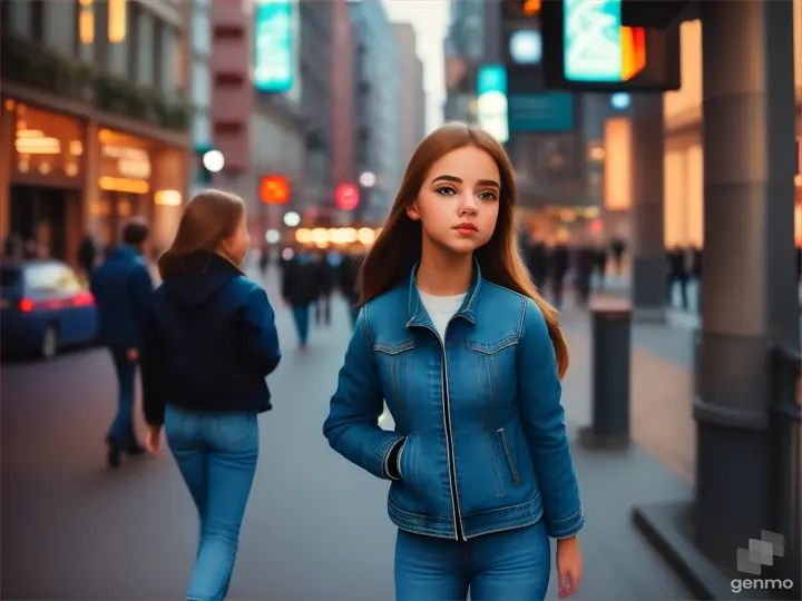 Girl blue jacket and jeanswalk