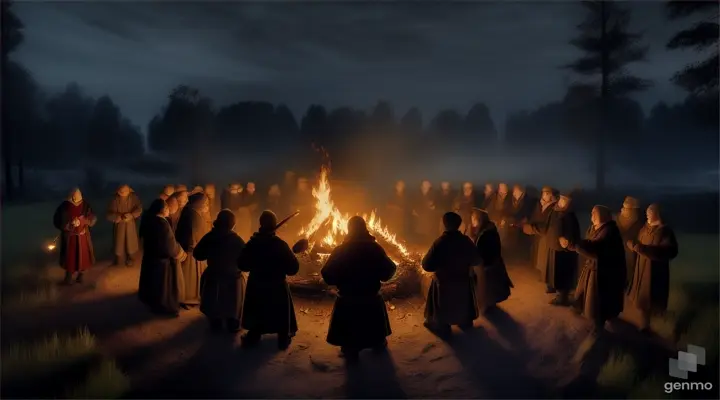  A group of villagers gathered around a fire, their faces etched with fear and uncertainty.