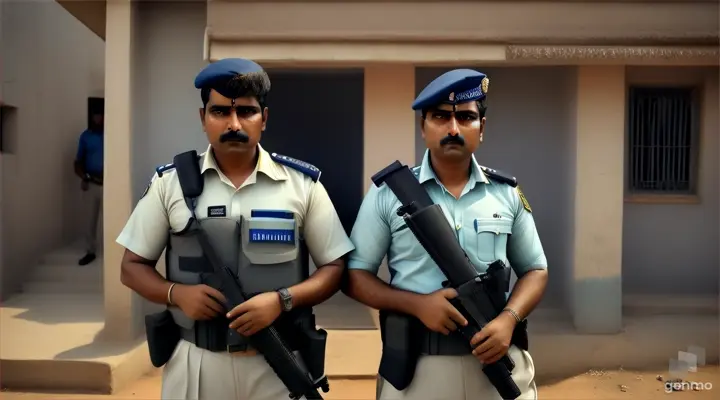 Indian police standing infront of a criminal house