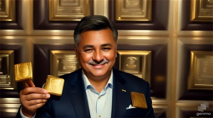 A 40 years old man smile while holding a lot of small golden bars in his hands
