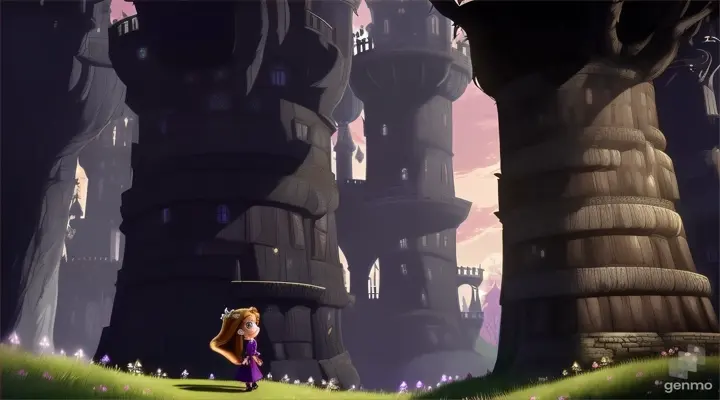  make an animated video of a cute prince looking up to the creepy black tower standing alone in the forest as Rapunzel is standing at the window at top. show zoom up face of the prince