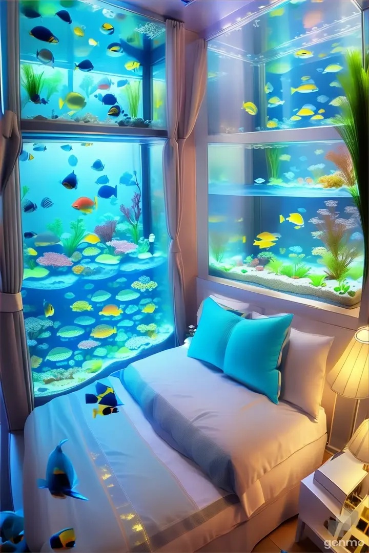 a bedroom with a fish tank in the window