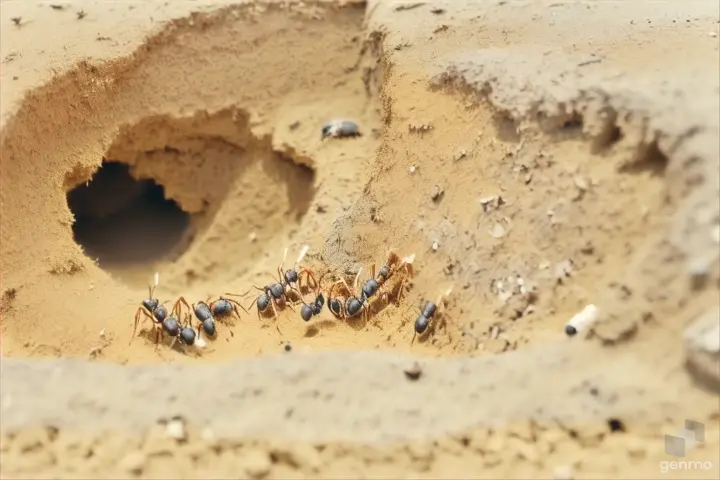 a group of ants walking through a hole in the sand