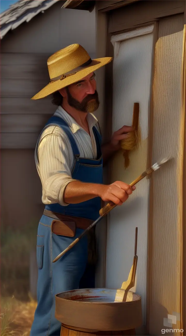 A man building painting a door on a broken down cottage 