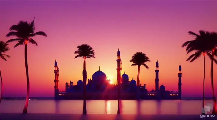  A serene sunset scene with silhouettes of minarets and palm trees against a colorful sky. The text overlay reads: "Don't forget to like, share, and subscribe for more captivating stories of Islamic history. Until next time, Assalamu alaikum.