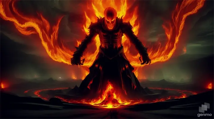 A figure descending into a fiery pit, surrounded by eerie flames and fiery creatures (1920x1080px)