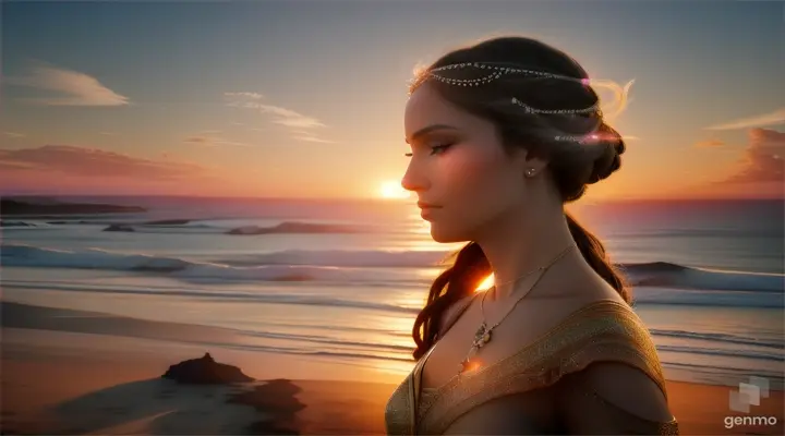 High quality, 8K Ultra HD. A beautiful double exposure that combines a goddess silhouette with a sunset coast. The sunset coast should serve as the underlying backdrop, with its details incorporated into the goddess. Crisp lines. The background is monochrome, sharp focus, double exposure, awesome full color.

16:9