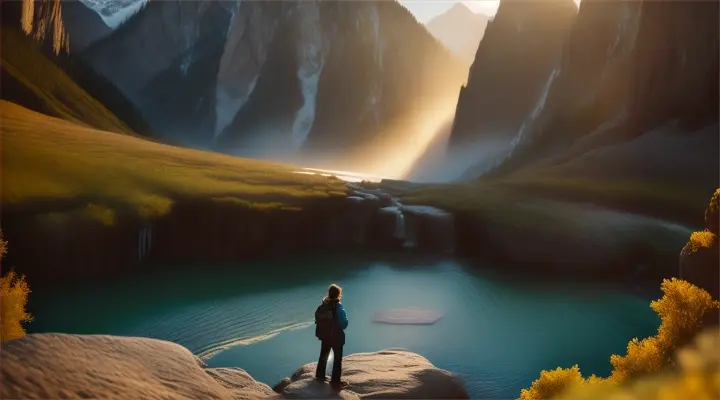 Golden hour light on a solitary figure, standing on a rock overlooking the rocky Gallatin Mountains, a waterfall oasis below