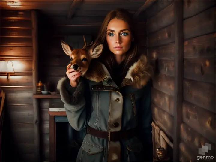 te prompt:Beautiful but dirty woman tall and slim with blue-gray eyes and golden-brown hair blood on her fur jacket. standing inside tiny dirty old cabin holding a dead deer.