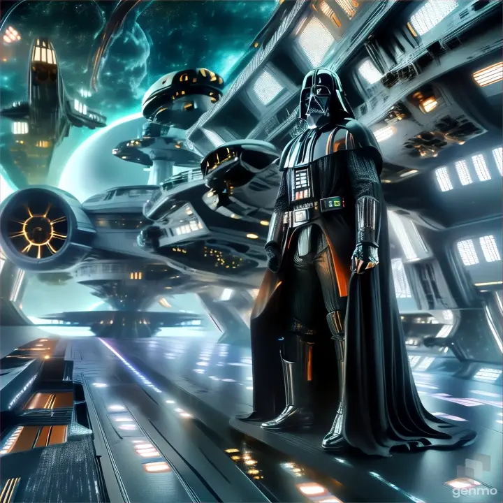 Darth Vader's sister standing on a starship as it flies into a breathtaking, colorful galactic sunset
