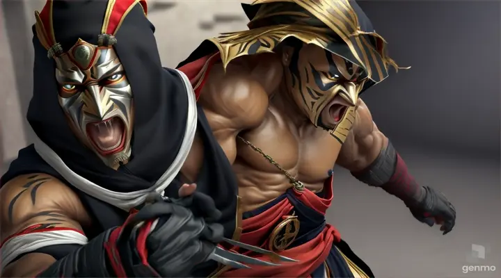 full length man standing. Hood and white mask eye like Robin covers his eyes. bare face  color human skin tone screaming angry, small black tiger stripes on the edges of the arms and legs Completely white tight suit with gray tones and. Green jade talisman on the chest with tiger engraving. Red cloth belt and bandages on hands and feet.Jumping muscular body, martial arts attack Fighting with Assassins dressed in dark blue with Tuareg turbante with daggers In the alley of a bazaar  posture side view in 3d digital volume-motion 3-camera zoom out