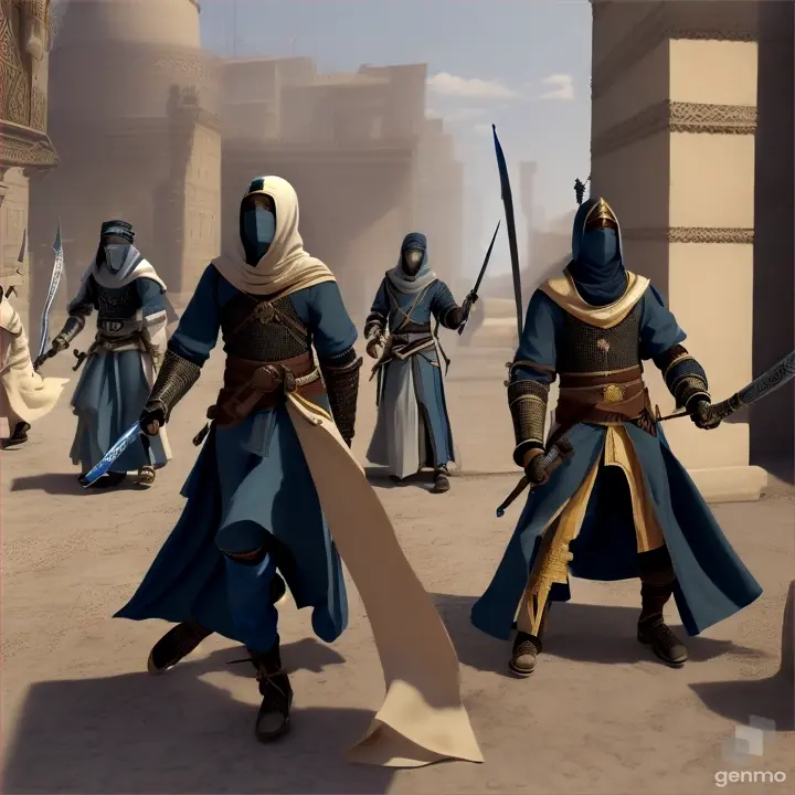 Assassins with full-length Tuareg turban in attack position in different from far places of the image armed with daggers, chains with balls and iron claws jumping from different spaces front view all in the same direction in the distance.A wall and street advancing forward with awnings The Assassins are wrapped in cloth and bandages all in bluish black. In volume digital 3d style volume-motion 3-camera zoom out