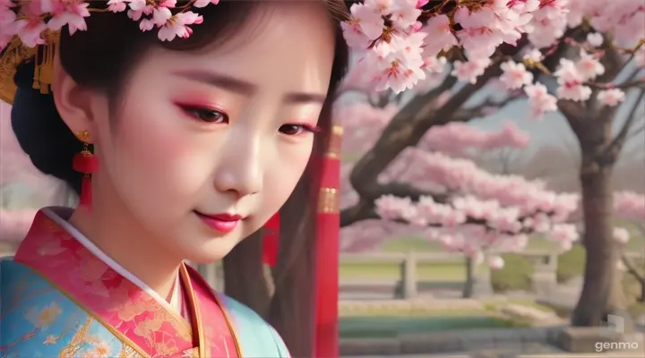 A Chinese noblewoman dressed in traditional clothing admiring cherry blossoms