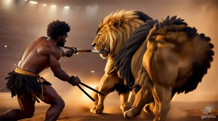 Photo of a 30 year old African man in an arena fighting a huge lion, RAW, handsome man, short afro hair (shaved on the sides), ((portrait)), (Detailed face: 1.2)), (Detailed facial features)), (Fine skin), fierce look, dark skin, high detail and wearing an African Warrior outfit, slim muscular body, action pose, dynamic angle, (warm color), , sweat, reflection, (masterpiece) ( Perfect proportions) (realistic photos) (highest quality) (detail) shot with Canon EOS R5, 50mm lens, f/2.8, HDR, (8k) (wallpaper) (movie lighting) (dramatic lighting) (sharp focus) (complex) fashion