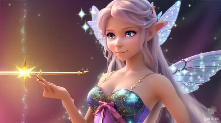 Make an animated video  of a fairy with magical wand. Keep fairy on the left side of video. Make background plain color