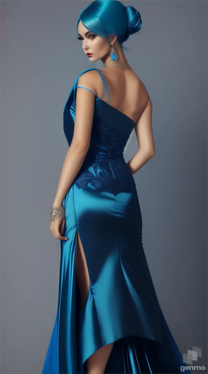 A Cute blue hair woman wearing modern Satin Dress Backless One Shoulder Short Sleeves Midi High Low Hem Cocktail Party Dress