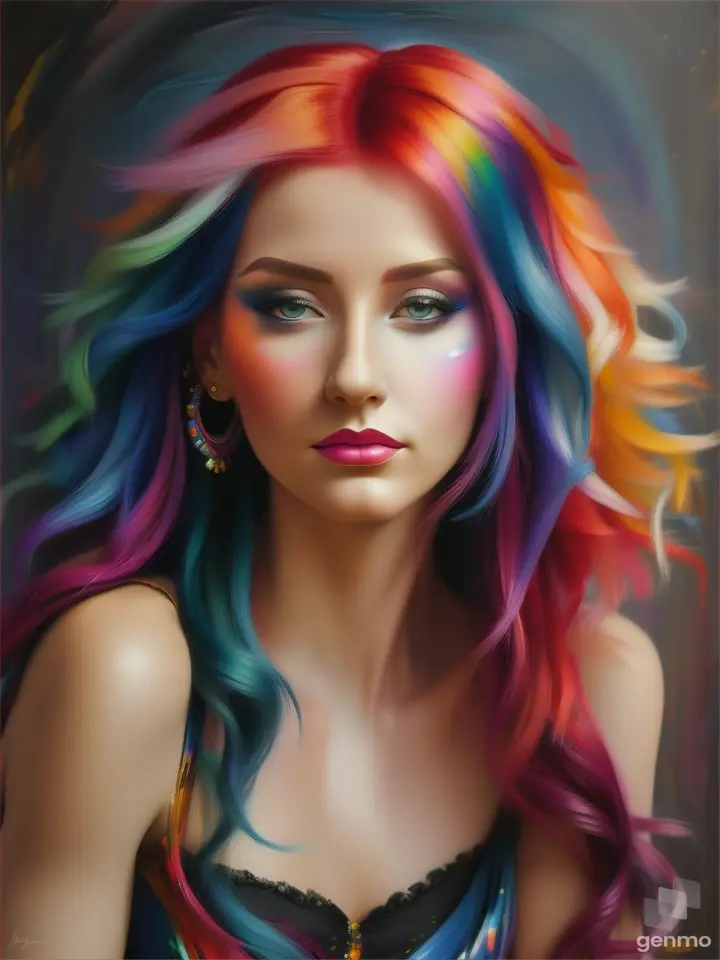 a painting of a woman with colorful hair