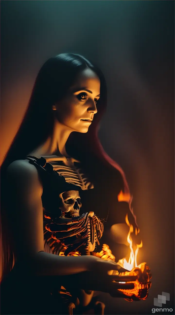 a skeleton hugging a woman with fire in the background