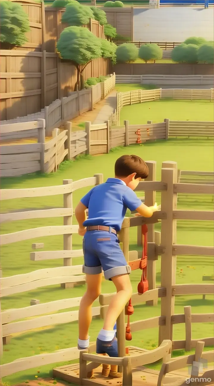 a boy is standing in a fenced in area