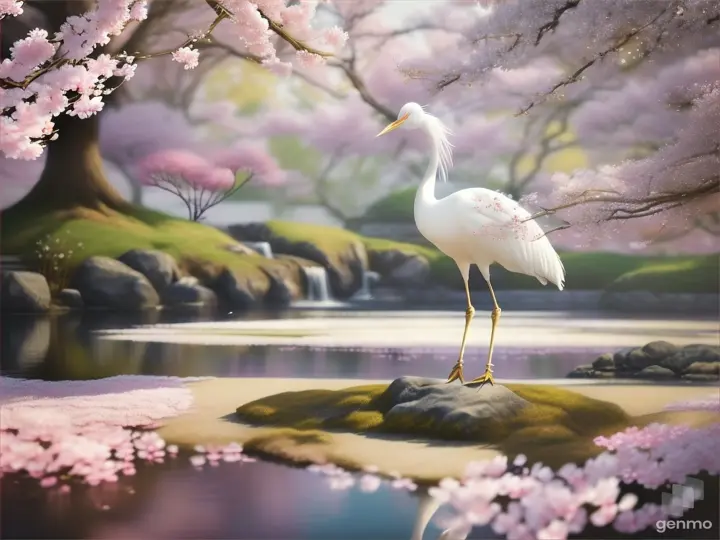 White-gold crane in a blooming cherry blossom garden, petals floating around the serene landscape，插画