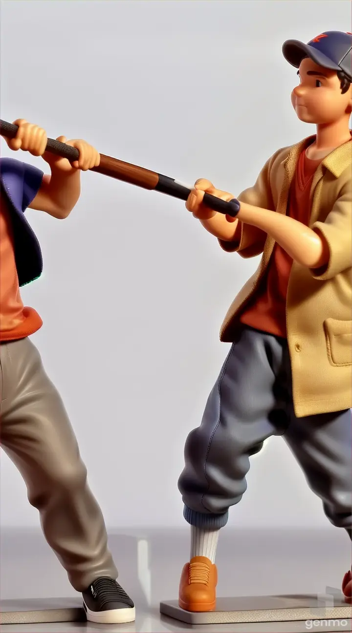 a couple of figurines of a boy and a girl holding a baseball bat