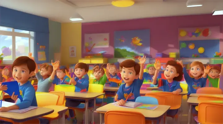 kids saying no waving hand no no, in a bright classroom filled with art and educational toys, Pixar 3D