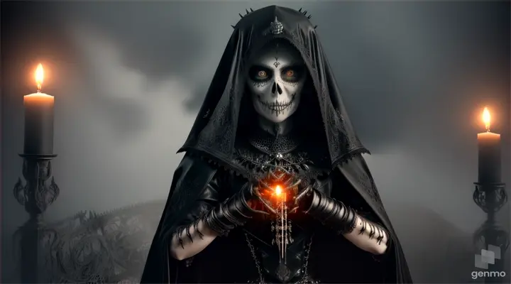 Scary scull face of The Death Maiden,in a black leather cloak, (with spikes, bones, chains and skulls on it), with black hair, in the middle of a Field of Souls, against a background of surreal visions, in an otherworldly fog and sepulchral candle lights, among shadows. Surrealistic, light and shadows games, horror.