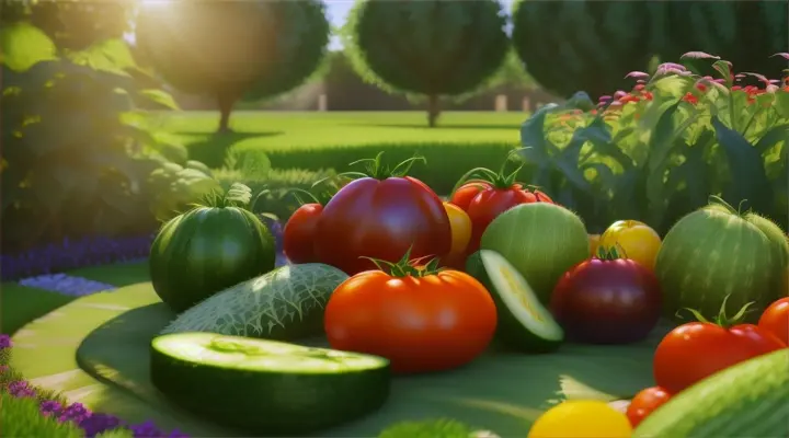 Tomatoes, cucumbers, fresh and bright, in a beautiful garden under the summer sun, Pixar 3D
