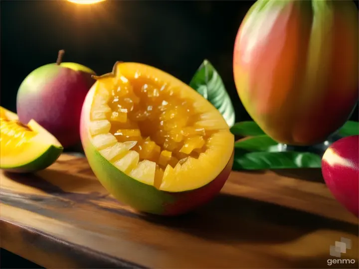 a ripe mango on a table, with bright lighting.