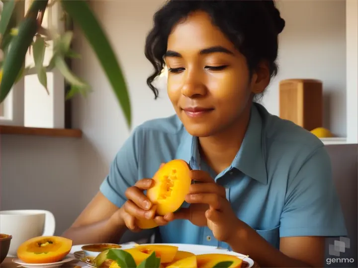  A person enjoying mangoes at home