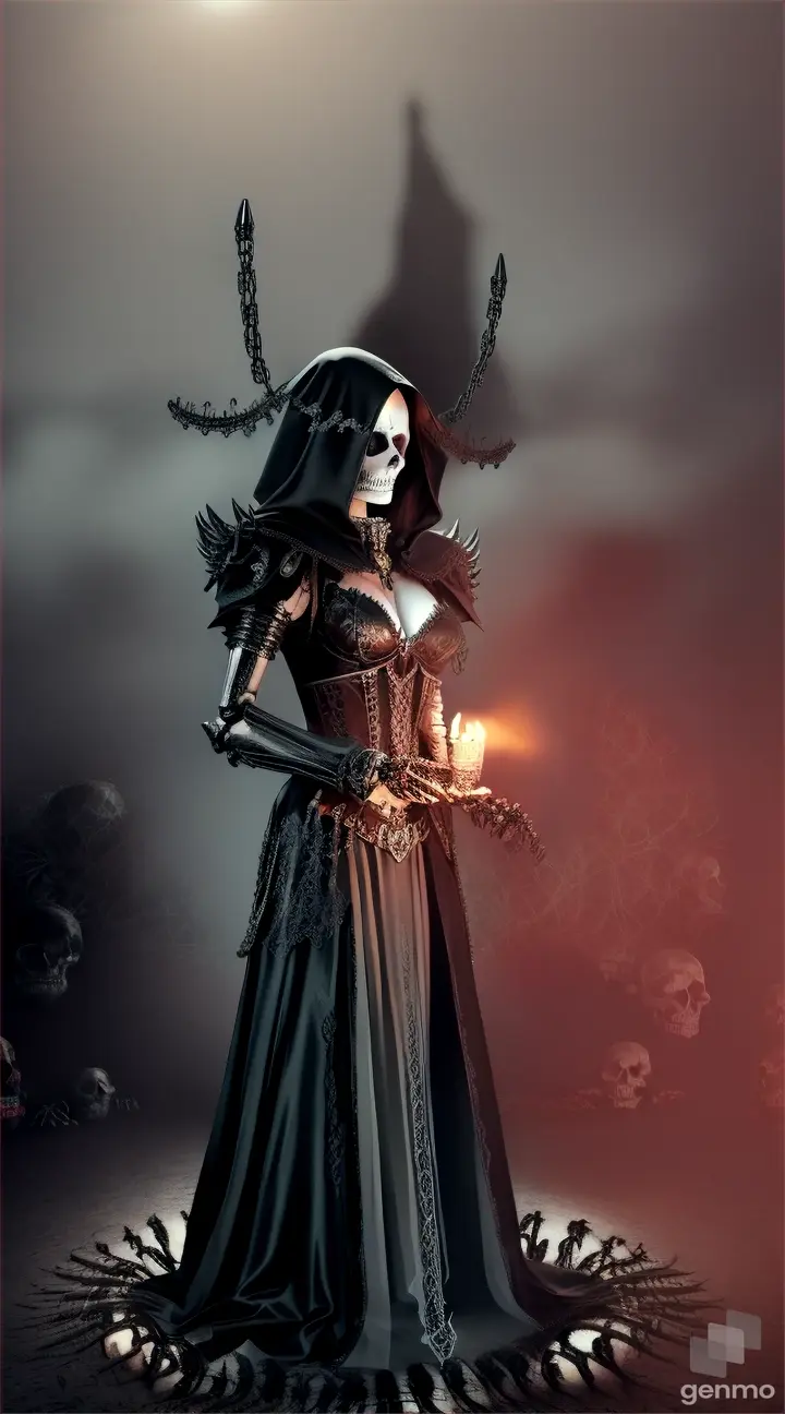 Scary scull face of The Death Maiden,in a black leather cloak, (with spikes, bones, chains and skulls on it), with black hair,she going forward,  in the middle of a Field of Souls,with lot of sculls roses,  against a background of surreal visions, in an otherworldly fog and sepulchral candle lights, among shadows, ice and flame. Full body view.  Surrealistic, volumetric light, volumetric fog, light and shadows games, horror.