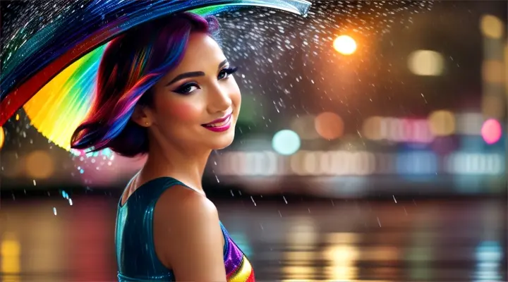 woman dancing in the rain, rainbow hair