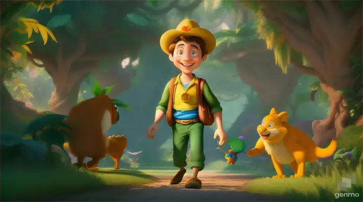 /imagine prompt: 3D animation, personality: [Illustrate Uplifting Cartoon characters engaging in fun activities the farmer's joyful expression as he walks through the jungle with the bag of gold coins. It should feel otherworldly and magical.] unreal engine, hyper real --q 2 --v 5.2 --ar 16:9