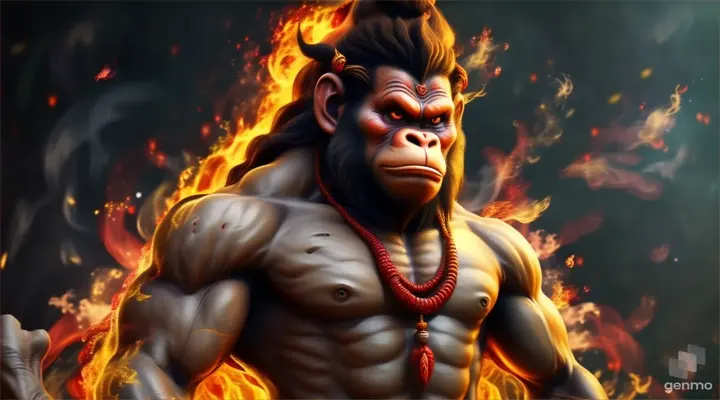 Create a god hanuman with a golden background, 8k, size of 1920x1080, colorful
