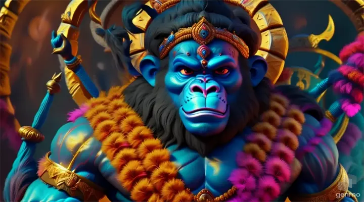 Create a god hanuman with a golden background, 8k, size of 1920x1080, colorful
