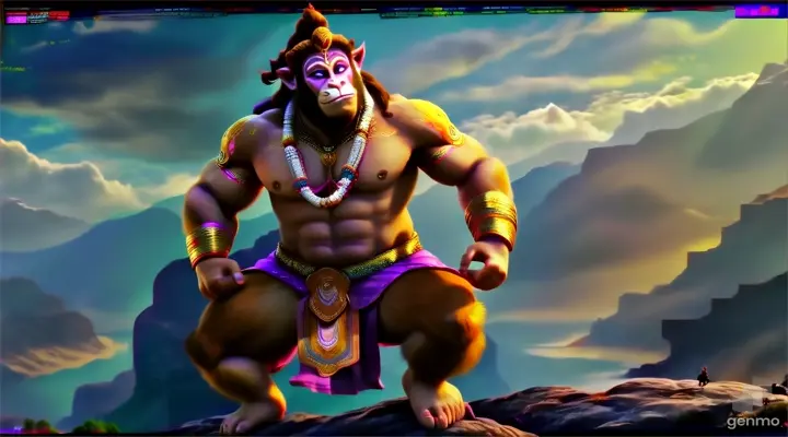 Create a god hanuman with a golden background, 8k, size of 1920x1080, colorful
