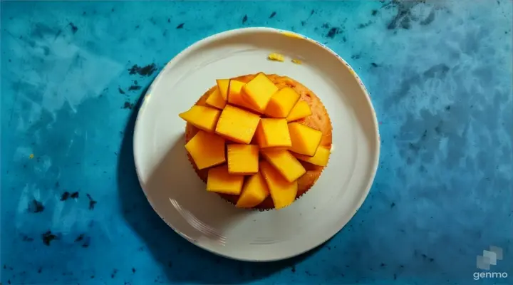 a cupcake with mango slices on a plate