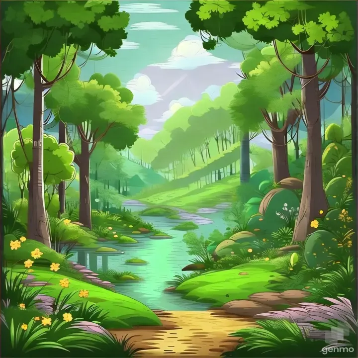 a cartoon forest scene with a river and trees