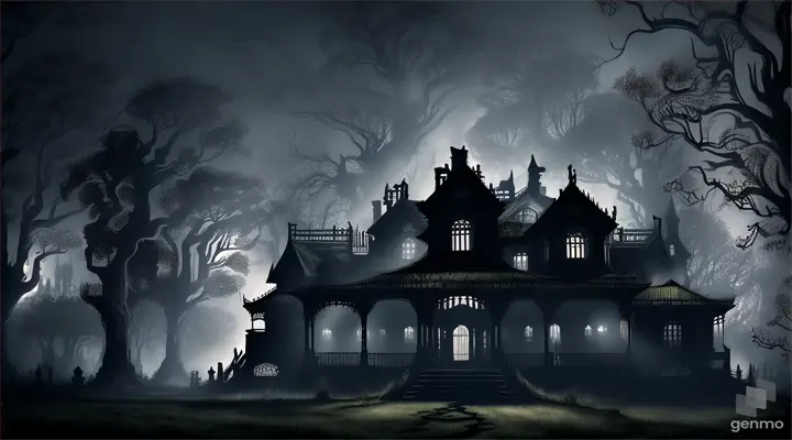 Haunted mansion with overgrown, decaying garden and ghostly lanterns lit up under the moonlight