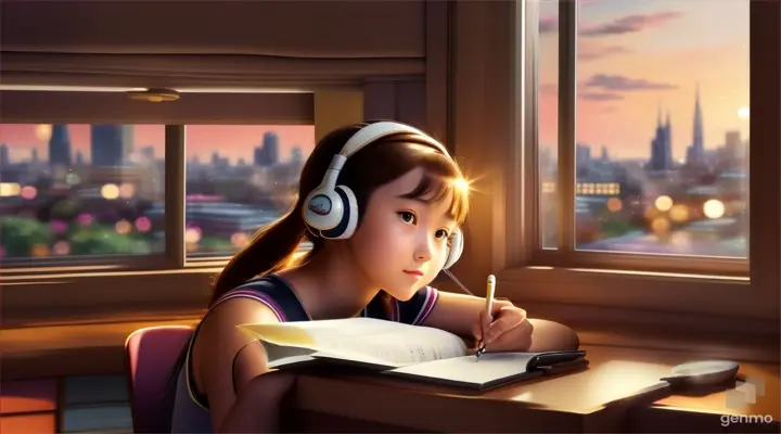 a girl wearing headphones, studying in the coffee shop, the starlight shying, listening to the New Jack Swing music, focus the desk view, size 1280x720, in Studio Ghibli style