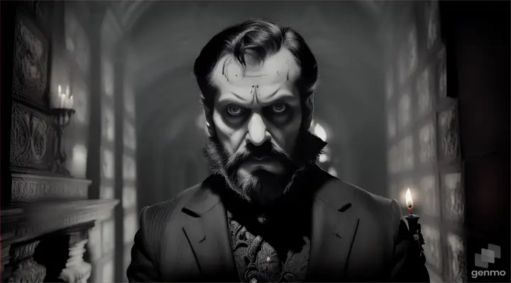 Vikram walking through a dimly lit haunted mansion with a candle, eerie portraits staring at him from the walls