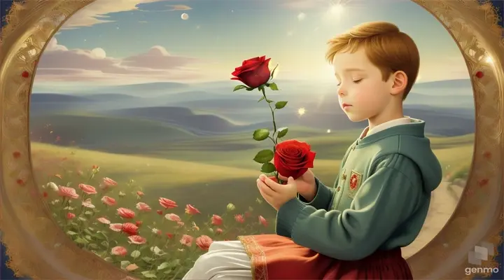 The very little prince demonstrates the beauty of his red rose and understands that he has found his home next to her. It is a beautiful story where it is shown that although the rose has thorns, it is a human being to be loved and respected.. Horizontal 16.9